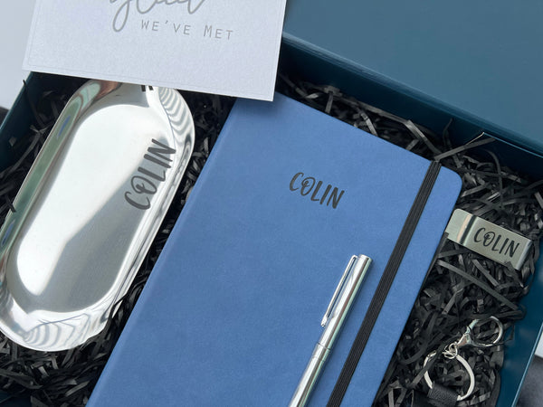 personalised corporate gift set custom blue notebook black hand sanitizer, silver pen holder money clip , silver pen, silver stationery pen tray blue black gift box farewell thank you goodbye birthday christmas gift exchange colleagues for him fathers husbands male men man groomsmen gift singapore delivery service express fast