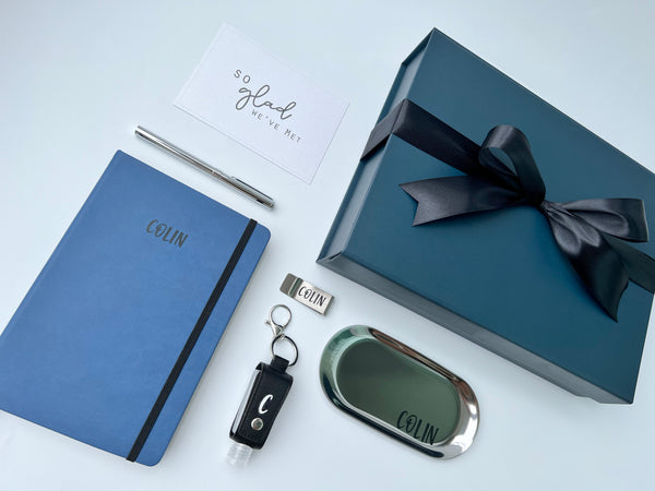 personalised corporate gift set custom blue notebook black hand sanitizer, silver pen holder money clip , silver pen, silver stationery pen tray blue black gift box farewell thank you goodbye birthday christmas gift exchange colleagues for him fathers husbands male men man groomsmen gift singapore delivery service express fast last minute gifting