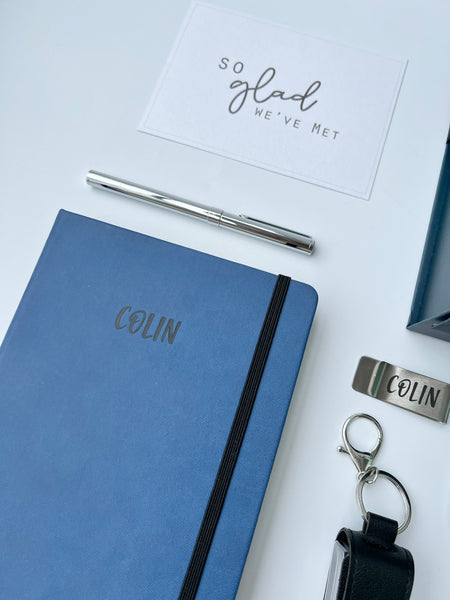 personalised corporate gift set custom blue notebook black hand sanitizer, silver pen holder money clip , silver pen, silver stationery pen tray blue black gift box farewell thank you goodbye birthday christmas gift exchange colleagues for him fathers husbands male men man groomsmen gift singapore delivery service express fast