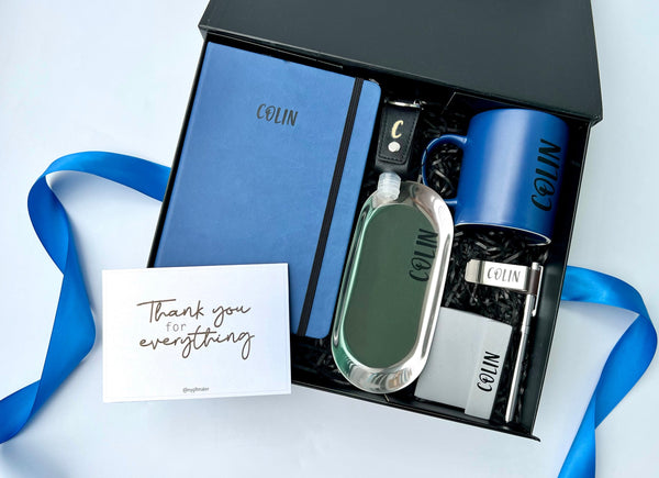 personalised corporate gift set custom blue notebook, blue mug, grey concrete handphone stand, black hand sanitizer, silver pen holder money clip , silver pen, silver stationery pen tray blue black gift box farewell thank you goodbye birthday christmas gift exchange colleagues for him fathers husbands male men man groomsmen gift singapore delivery service express fast last minute gifting SG