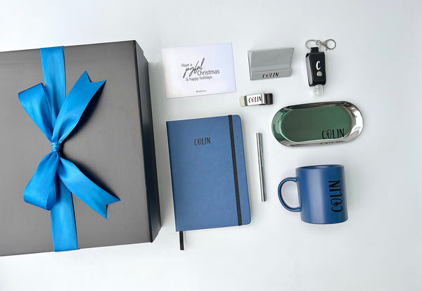 personalised corporate gift set custom blue notebook, blue mug, grey concrete handphone stand, black hand sanitizer, silver pen holder money clip , silver pen, silver stationery pen tray blue black gift box farewell thank you goodbye birthday christmas gift exchange colleagues for him fathers husbands male men man groomsmen gift singapore delivery service express fast last minute gifting SG