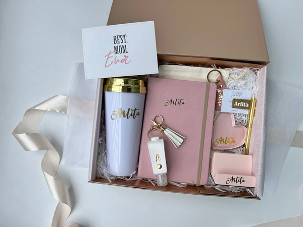 personalized customized custom pink white rose gold gift set notebook tumbler hand sanitiser keychain handphone stand trinket tray drawstring bag pen holder gifts for her colleagues farewell goodbye thank you wedding bridesmaid proposal birthday giftsdesk stationery set singapore gift delivery service express fast beautiful