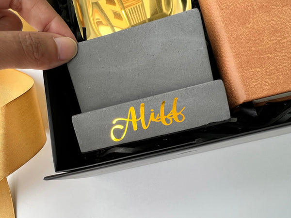 black brown gold personalised custom customized gift set hamper for male colleagues boys man men for him boss employer husband notebook handphone stand pen holder hand sanitiser farewell goodbye thank you promotion birthday anniversary work desk essentials singapore gifting delivery service express fast SG