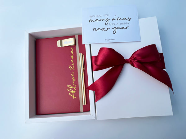 crimson red crimson red notebook journal gift set personalised custom customised gold pen holder gift box SG singapore gifti delivery birthday office colleague thank you appreciation farewell gift