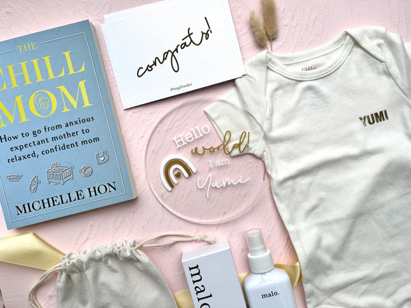 chill mom newborn baby gift hamper gift box nappy rash expecting mom book customized custom personalised baby romper bodysuit new mum gift singapore SG gift delivery service fast express