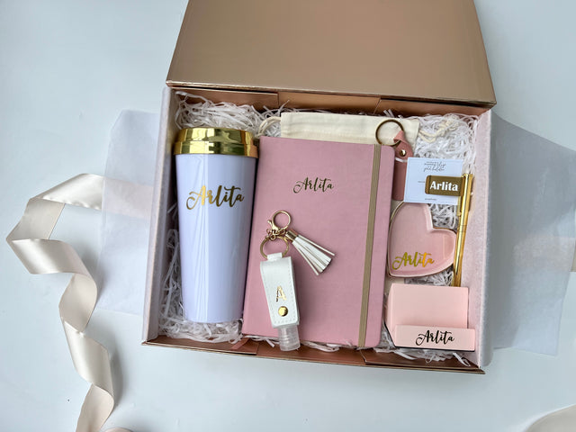 birthday bridesmaid bundle pink notebook rose gold tumbler personalised customised magnetic gift box singapore gift delivery gift set