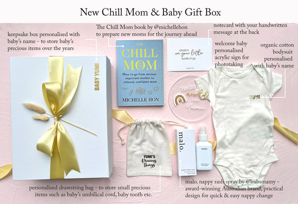 chill mom newborn baby gift hamper gift box nappy rash expecting mom book customized custom personalised baby romper bodysuit new mum gift singapore SG gift delivery service fast express