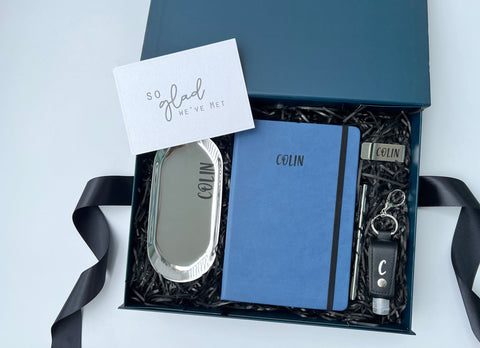 personalised corporate gift set custom blue notebook black hand sanitizer, silver pen holder money clip , silver pen, silver stationery pen tray blue black gift box farewell thank you goodbye birthday christmas gift exchange colleagues for him fathers husbands male men man groomsmen gift singapore delivery service express fast