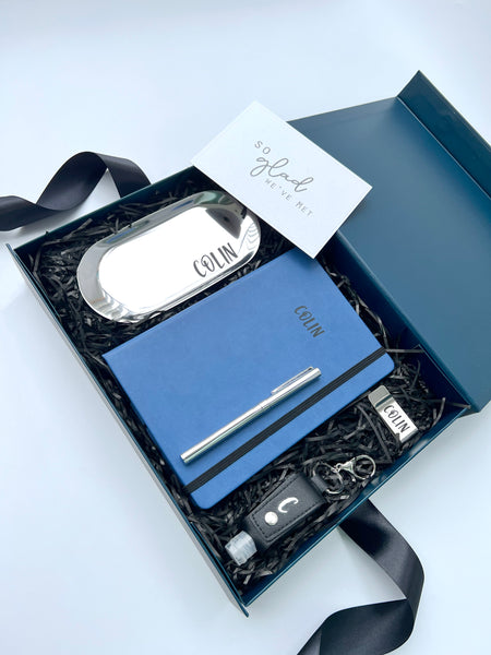 personalised corporate gift set custom blue notebook black hand sanitizer, silver pen holder money clip , silver pen, silver stationery pen tray blue black gift box farewell thank you goodbye birthday christmas gift exchange colleagues for him fathers husbands male men man groomsmen gift singapore delivery service express fast last minute gifting SG