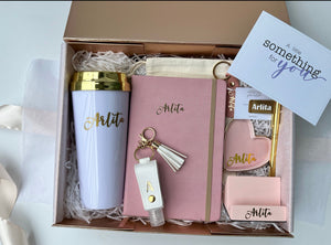 personalized customized custom pink white rose gold gift set notebook tumbler hand sanitiser keychain handphone stand trinket tray drawstring bag pen holder gifts for her colleagues farewell goodbye thank you wedding bridesmaid proposal birthday giftsdesk stationery set singapore gift delivery service express fast beautiful