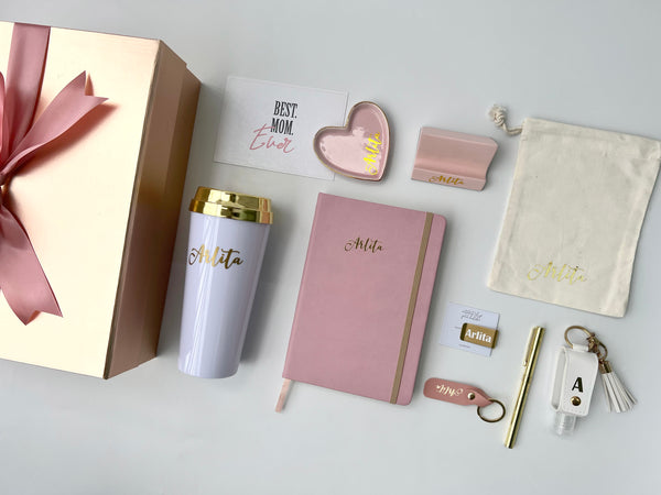 personalized customized custom pink white rose gold gift set notebook tumbler hand sanitiser keychain handphone stand trinket tray drawstring bag pen holder gifts for her colleagues farewell goodbye thank you wedding bridesmaid proposal birthday for mums best friends gifts desk stationery set singapore gift delivery service express fast beautiful