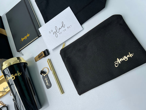 personalised customised work desk set gift box for ladies her notebook set gold black pen holder gift box for colleagues for him and her tumbler black gold hand sanitiser holder keychain stationery trinket tray tote lunch bag keychain pen christmas exchange corporate gift professional singapore gift delivery service