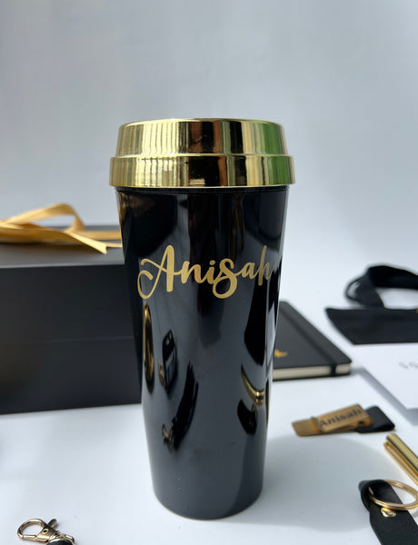 personalised customised work desk set gift box for ladies her notebook set gold black pen holder gift box for colleagues for him and her tumbler black gold hand sanitiser holder keychain stationery trinket tray tote lunch bag christmas exchange corporate gift professional singapore gift delivery service