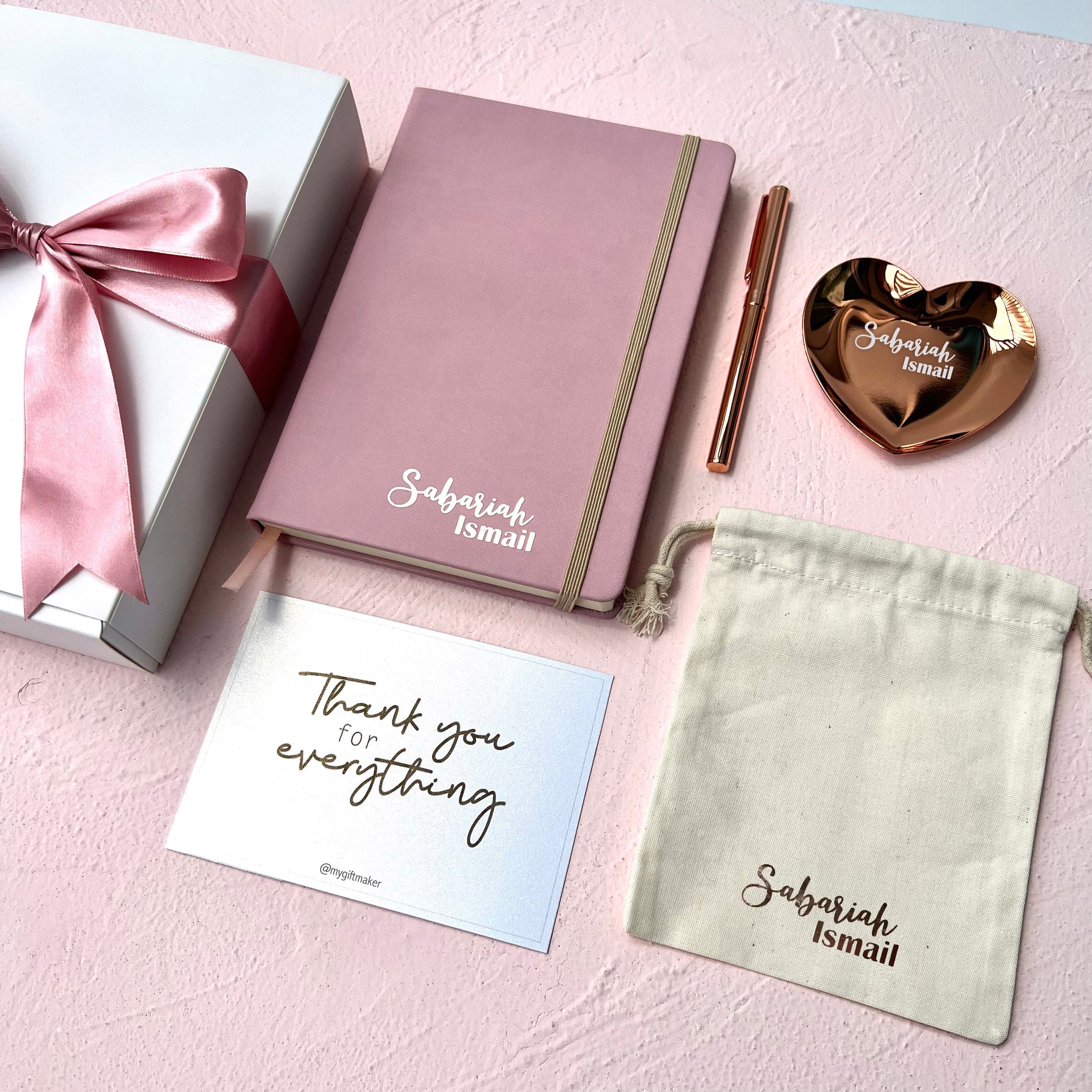 pink pastel personalized customized custom drawstring bag rose gold trinket tray notebook gift set for bridesmaids maid of honour cheap affordable wedding thank you best friend birthday gift singapore SG gift delivery 