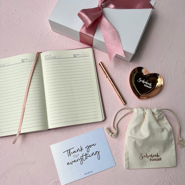 pink pastel personalised customised custom drawstring bag rose gold trinket tray notebook gift set for bridesmaids maid of honour cheap affordable wedding gift singapore SG gift delivery 