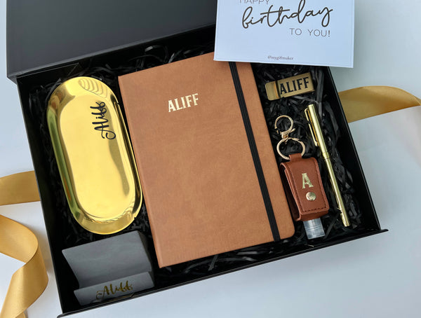 black brown gold personalised custom customized gift set hamper for male colleagues boys man men for him boss employer husband notebook handphone stand pen holder hand sanitiser farewell goodbye thank you promotion birthday anniversary work desk essentials singapore gifting delivery service express fast SG
