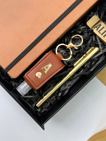 black brown gold personalised custom customized gift set hamper for male colleagues boys man men for him boss employer husband notebook handphone stand pen holder hand sanitiser farewell goodbye thank you promotion birthday anniversary work desk essentials singapore gifting delivery service express fast SG