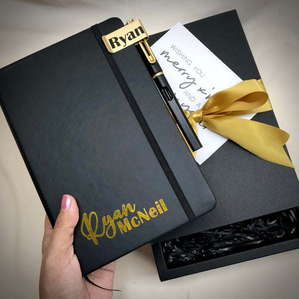 personalised notebook set gold black pen holder gift box for colleagues for him and her christmas exchange corporate gift professional singapore gift delivery service