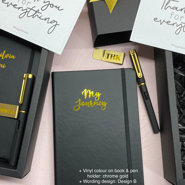 personalised notebook set gold black pen holder gift box for colleagues for him and her christmas exchange corporate gift professional singapore gift delivery service