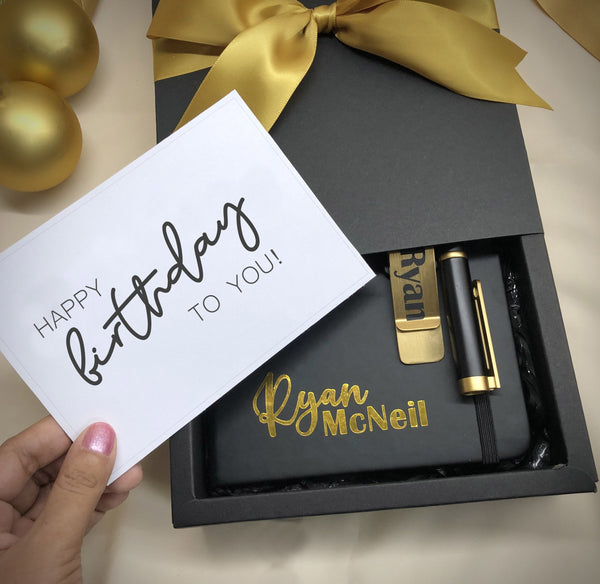 personalised notebook set gold black pen holder gift box for colleagues for him and her christmas exchange singapore gift delivery service
